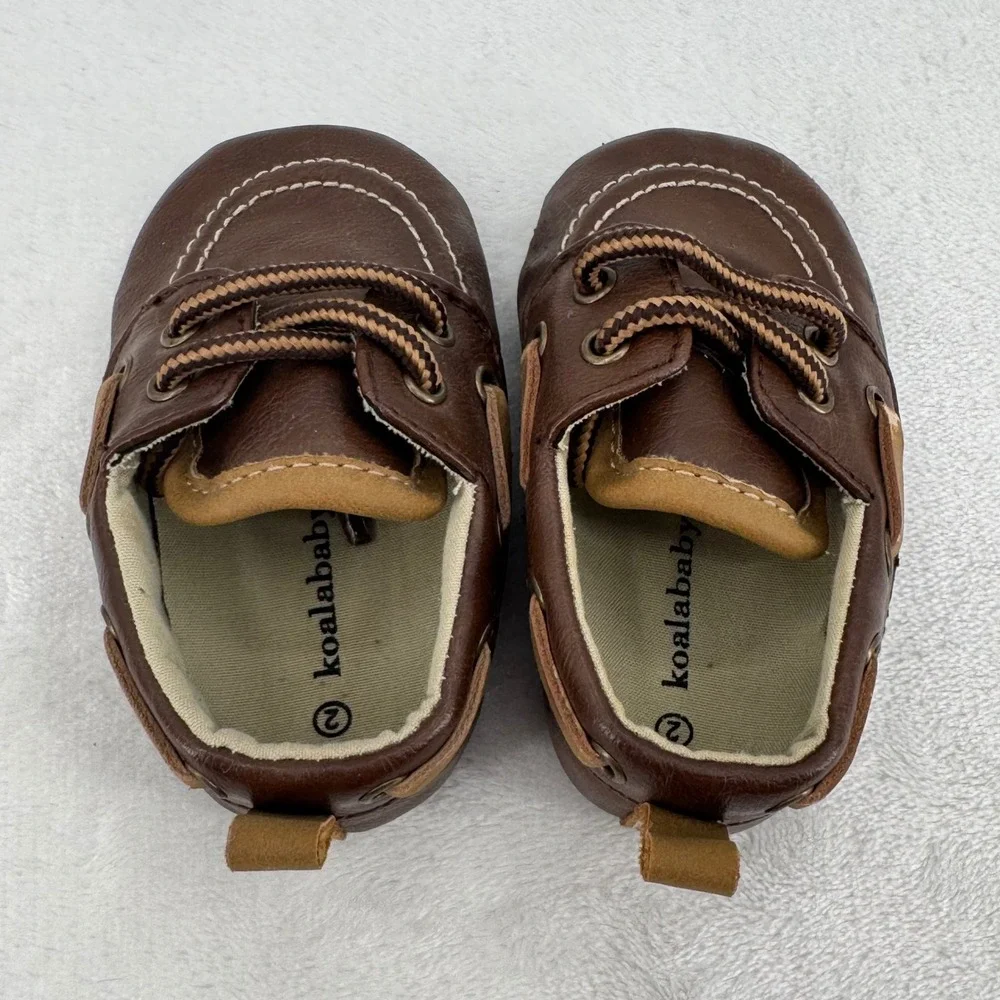 Koala Baby Boat Shoes Infant Sz 2 Brown Faux Leather Soft Sole Loafers Baby Boy